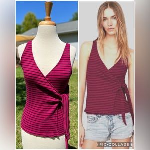 EXPRESS Faux Wrap Tank Top Small Pink Black Stripe Sleeveless Tie Front